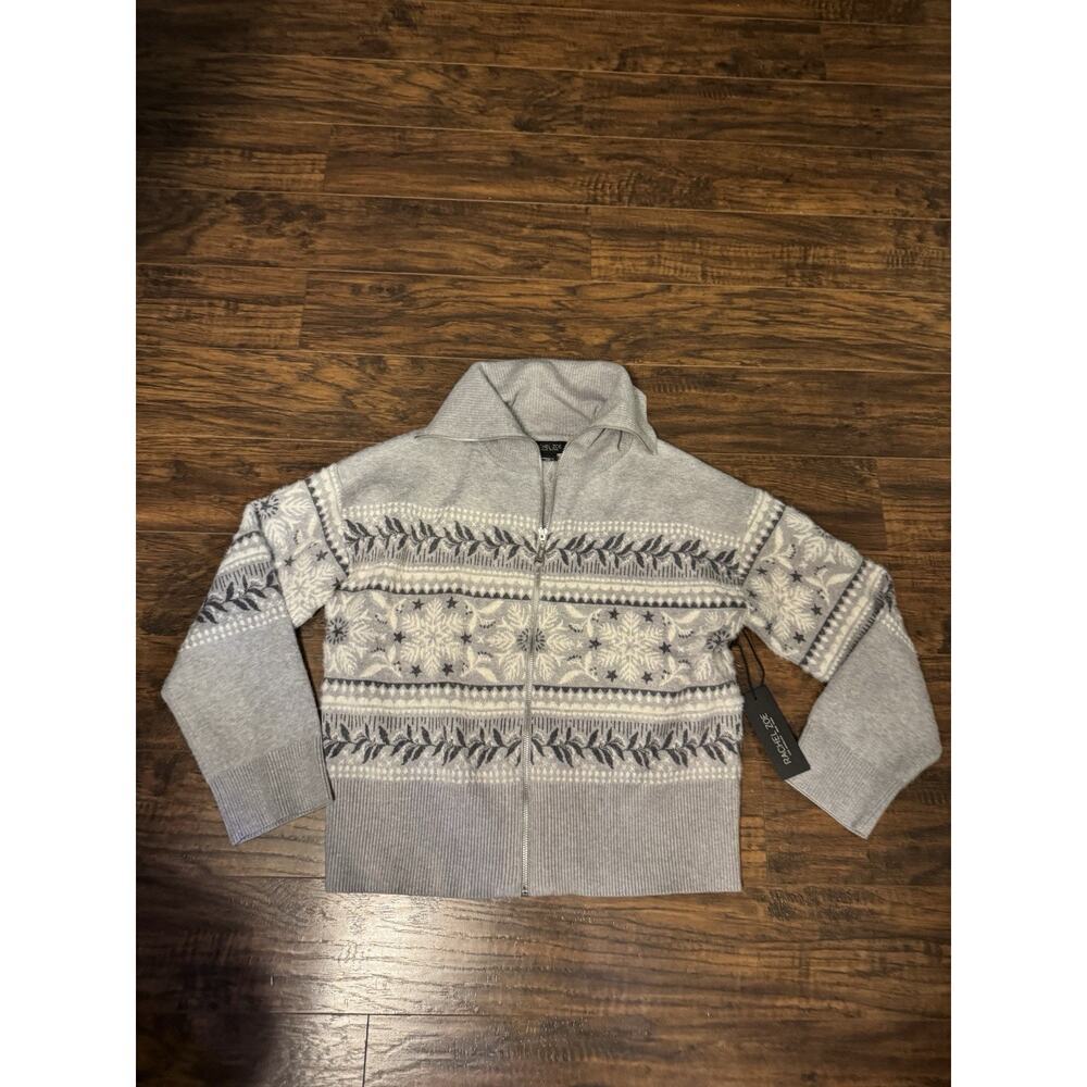 NWT Rachel Zoe Fair Isle Snowflake Nordic Zip Gray Cardigan Sweater Womens Large